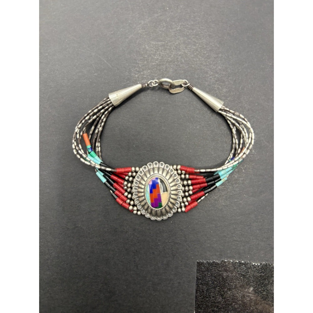 Vintage Quac True Sterling Silver Inlay Gemstone 6.75" Bracelet G20